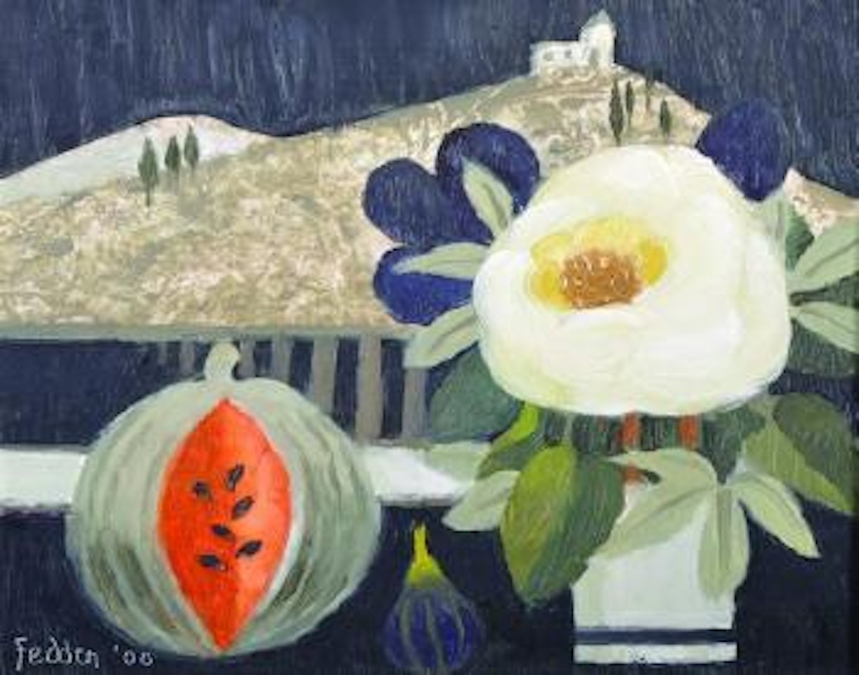 A melon and a fig, with a white flowers in a vase, a landscape beyond by Mary Fedden