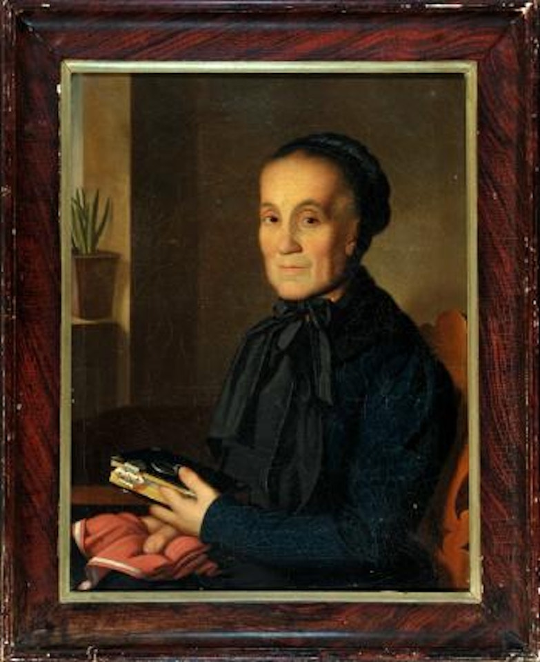 Halbportrait einer Dame im schwarzen Kleid mit schwarzer Haube und mit Buch by Albert Anker
