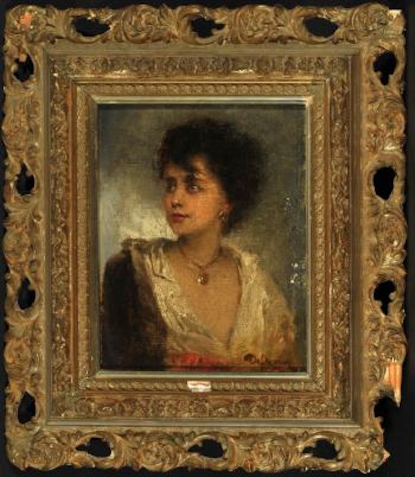 Portrait einer Dame mit weißer Bluse und Goldschmuck by Franz von Defregger