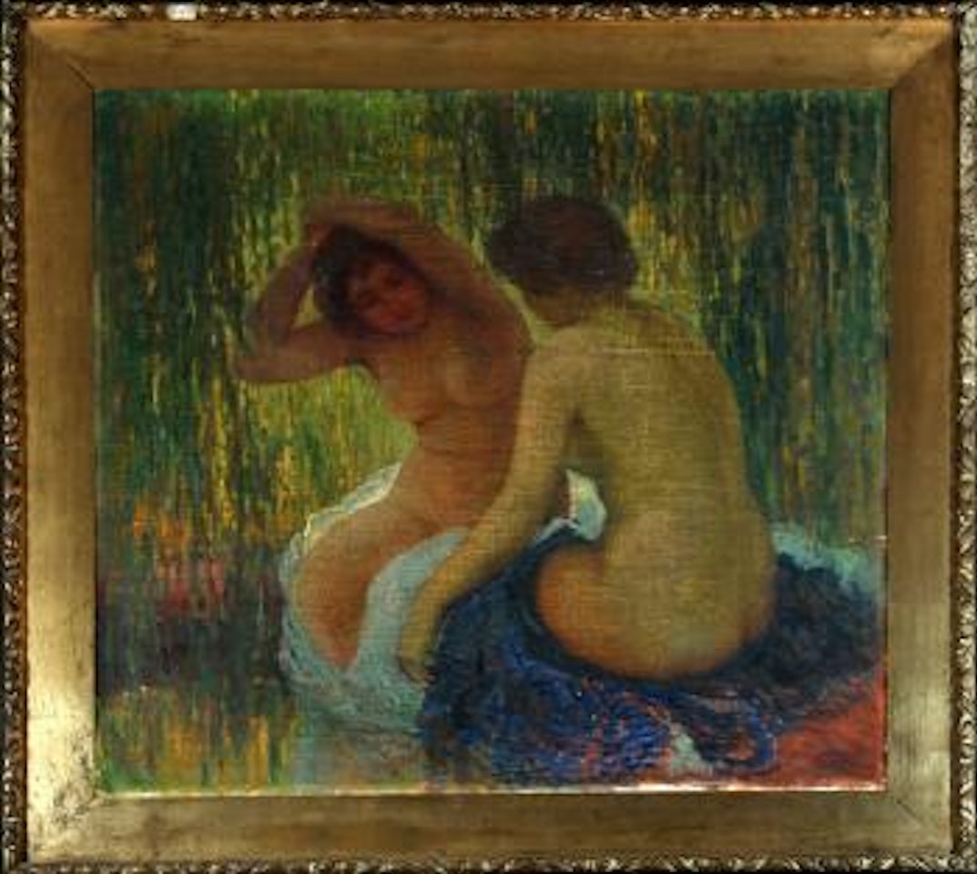 Zwei Badende unter Weiden am Seeufer by Karel Langer