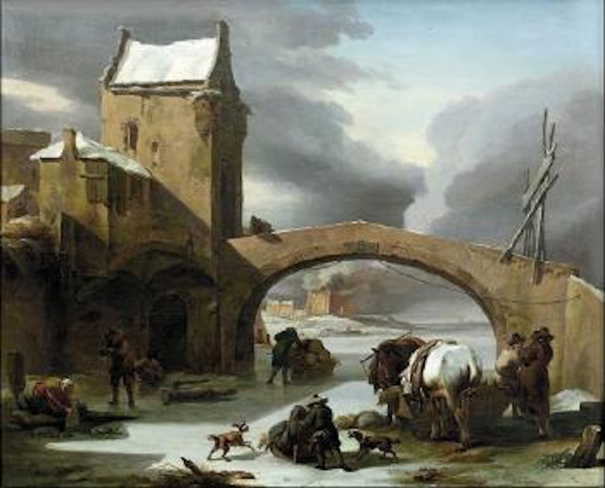 Paysage de rivière gelée au pont de pierre et au four à chaux by Nicolaes Pietersz Berchem