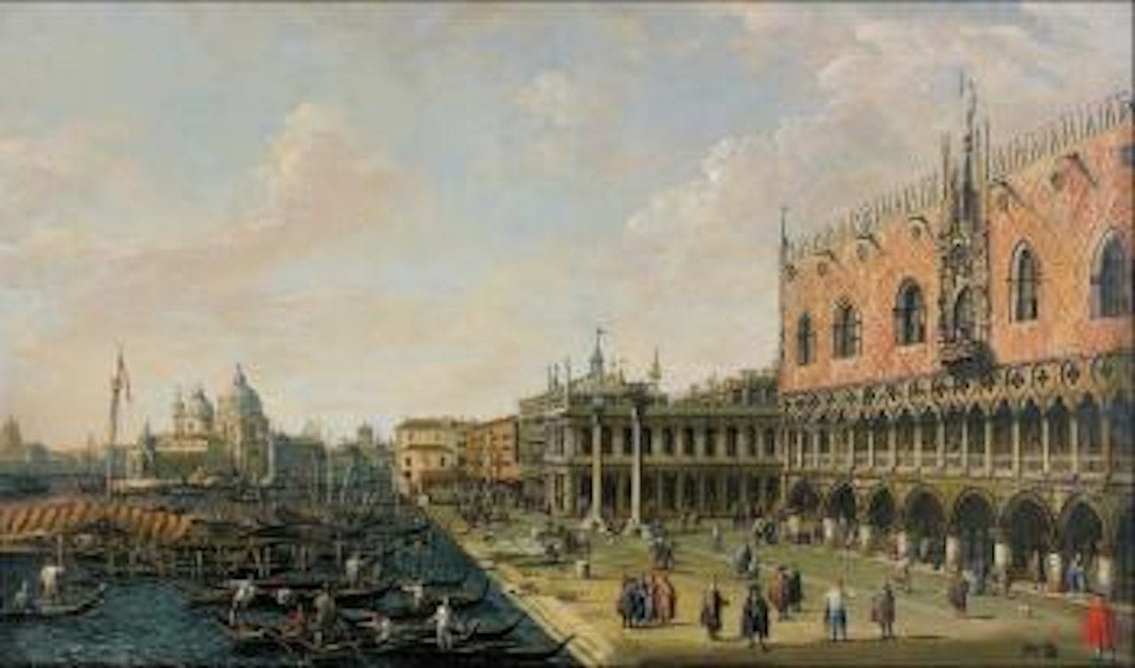 Vue de la piazzetta et du palais des doges vers la salute. Le pont du Rialto du côté sud by Italian School