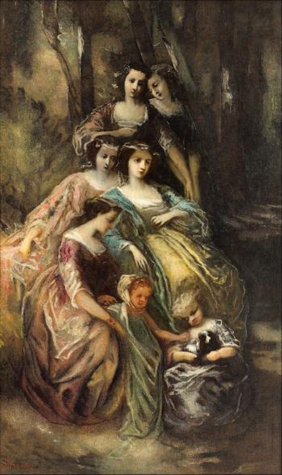 Cinq femmes et deux enfants dans un sous-bois by Adolphe Monticelli