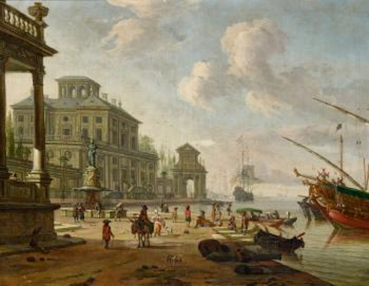 Southern harbour scene with oriental figures by Abraham Storck