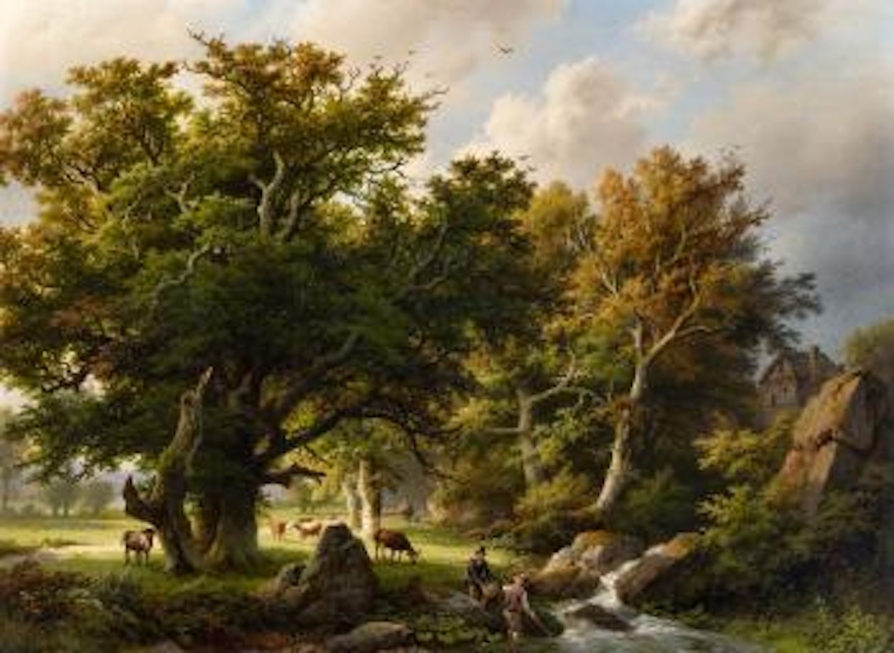 Landscape with Trees and Cows by a Stream by Barend Cornelis Koekkoek