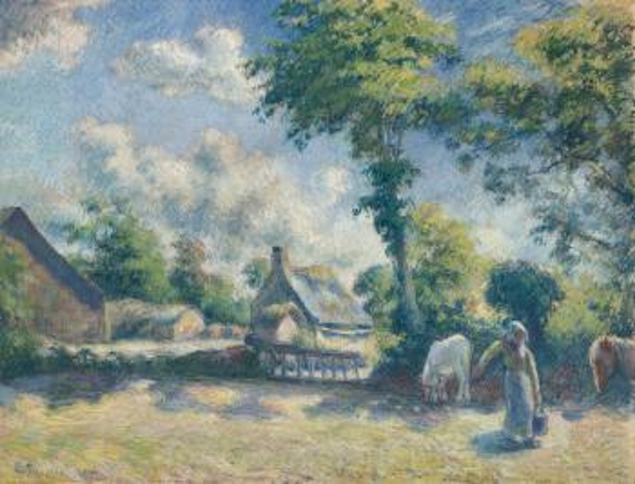 Paysage À Melleray, Femme Donnant À Boire À Des Chevaux by Camille Pissarro