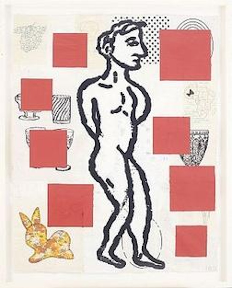 Red abstract with standing figure by Donald Baechler