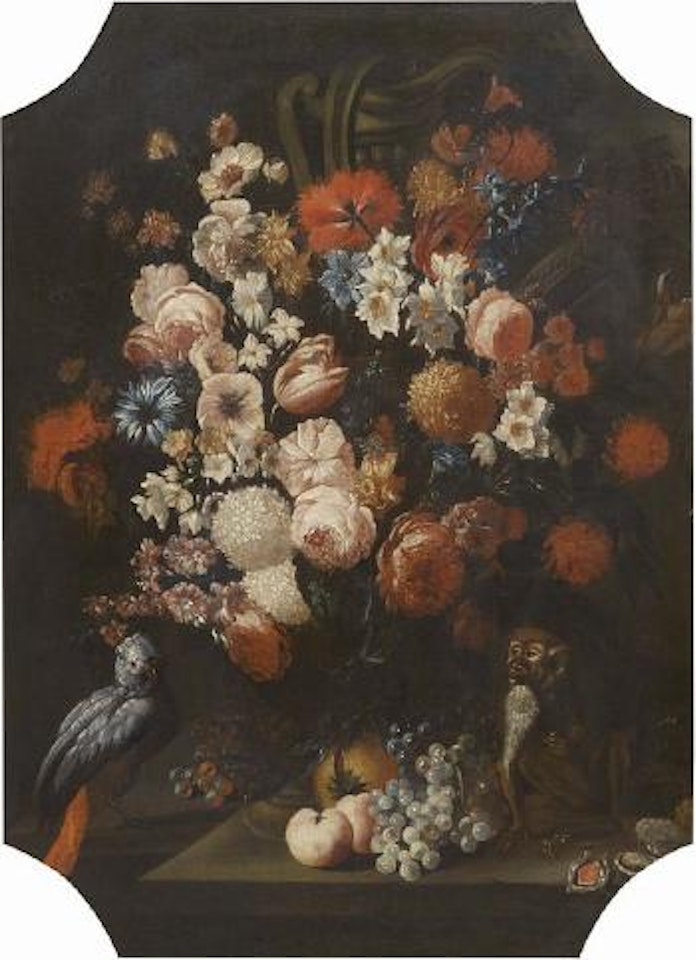 Natura morta con fiori, frutta, pappagallo e scimmia by Roman School