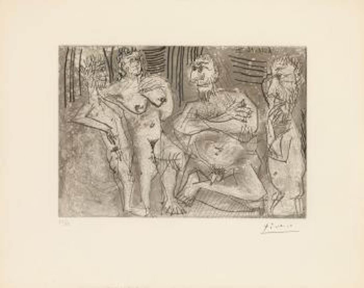 Femme debout entourÃ©e de quatre hommes barbus by Pablo Picasso