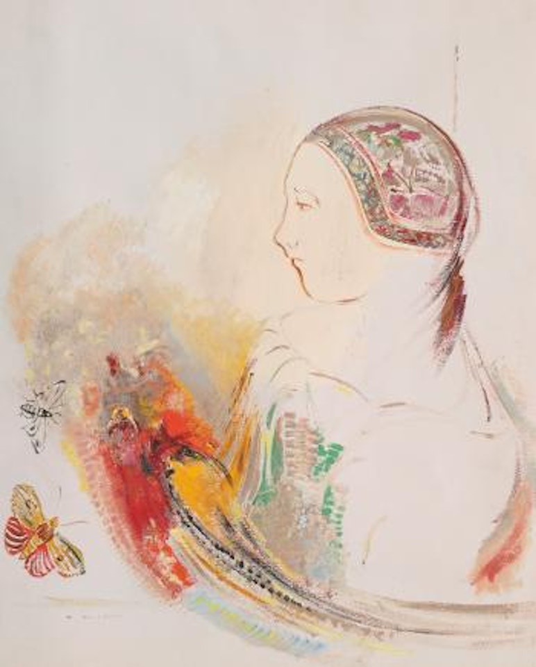 Profil D'enfant ou profil de femme avec oiseau de paradis by Odilon Redon