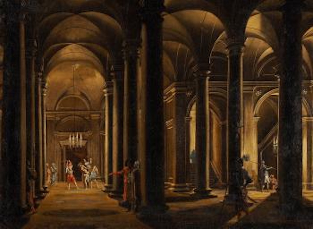 Imaginäres Kircheninterieur mit Personenstaffage und Geisselung Christi by Hendrik van Steenwyck the Younger