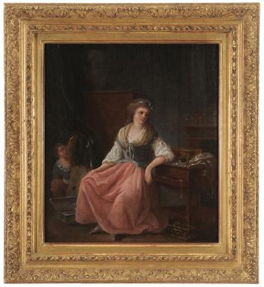A young woman seated at a poudreuse (dressing table), with bird nest and cage, a young man hiding behind a curtain by Jean Frédéric Schall