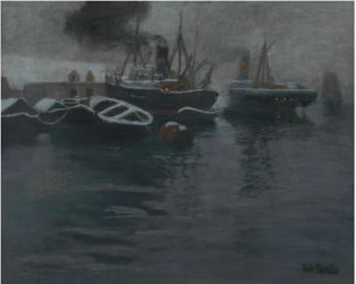 Havnebillede, snevær by Fritz Thaulow