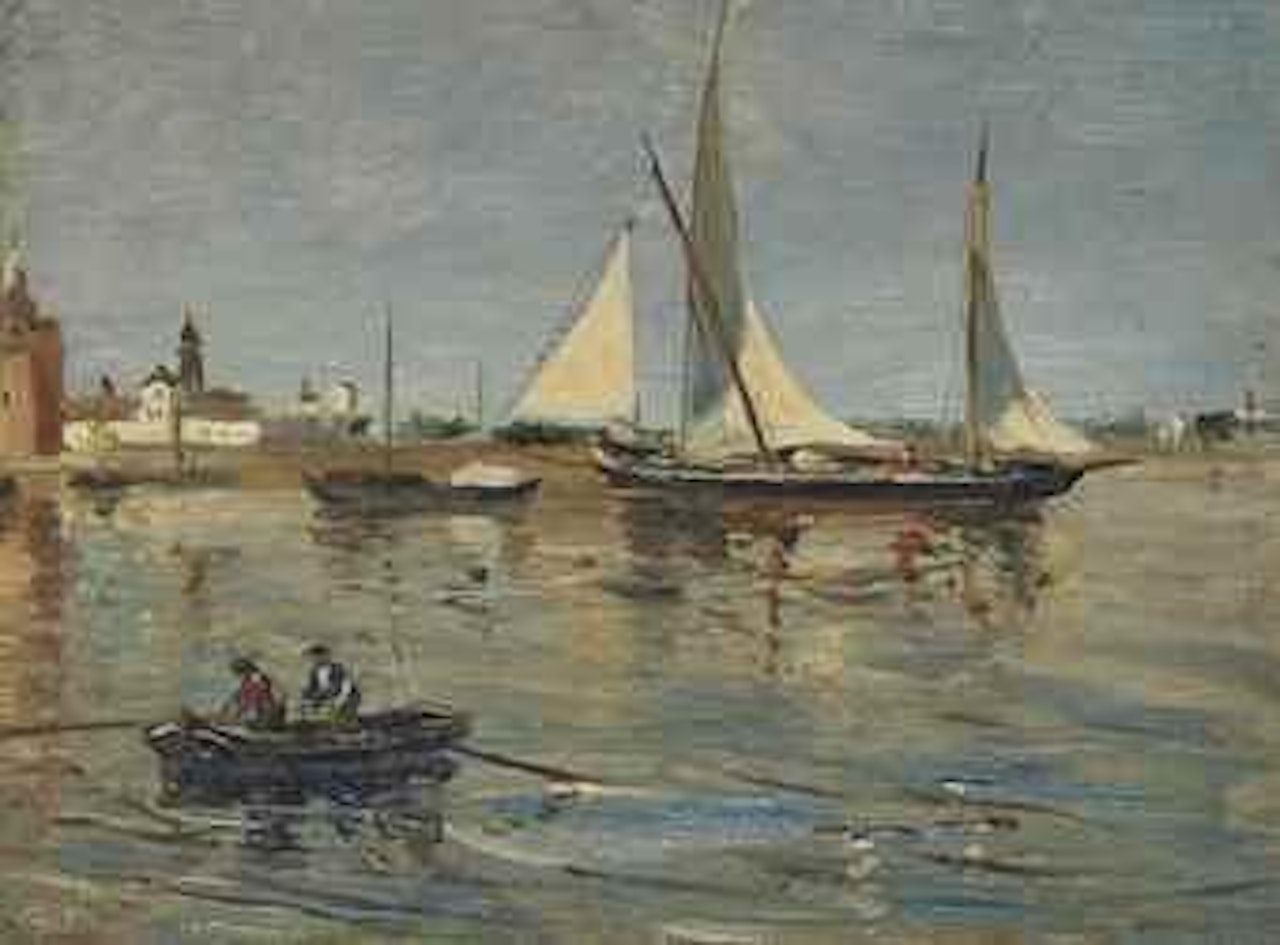 Rameurs sur une rivière, voiliers en arrière plan by French School