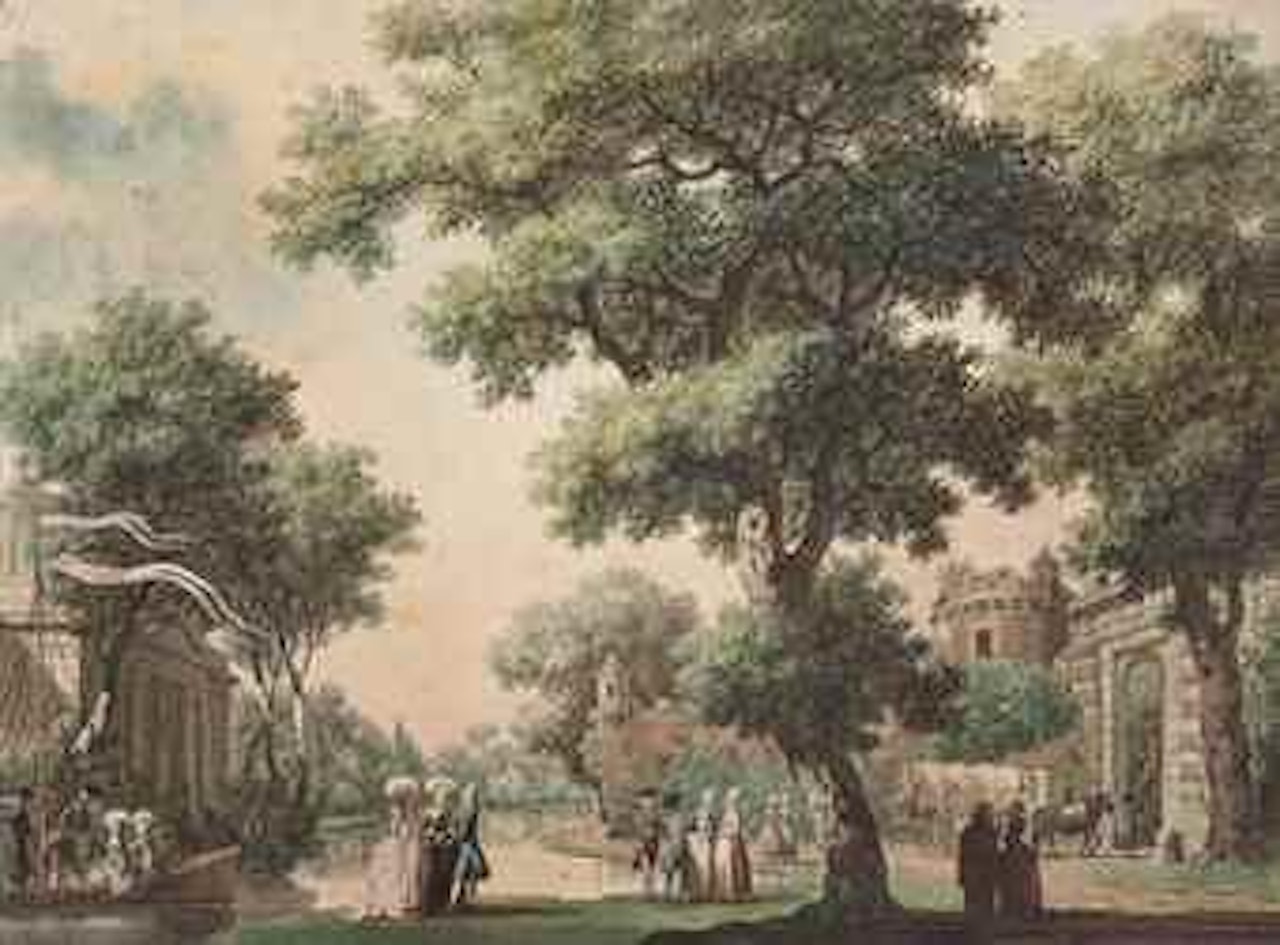 Personnages discutant aux abords d'un étang, un château à l'arrière-plan by Louis Carrogis Carmontelle