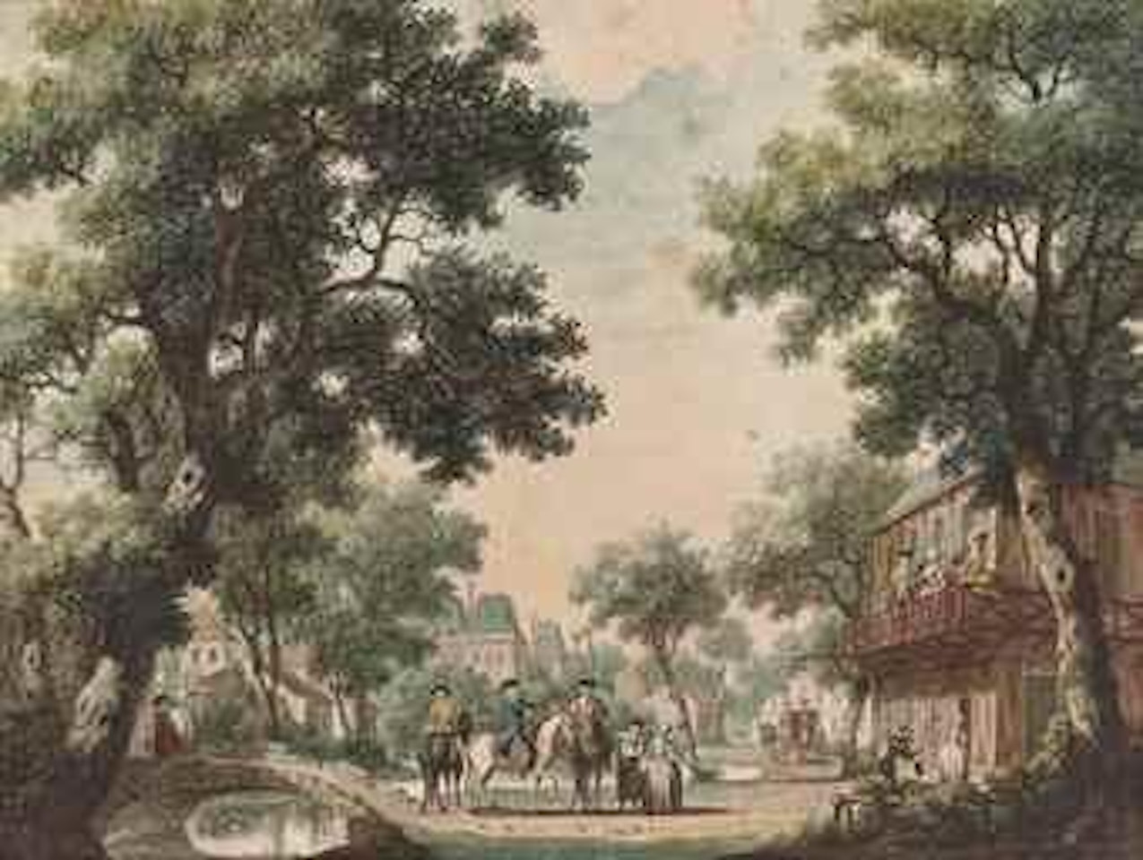 Cavaliers à cheval et promeneurs devant un pont à l'entrée d'un village by Louis Carrogis Carmontelle
