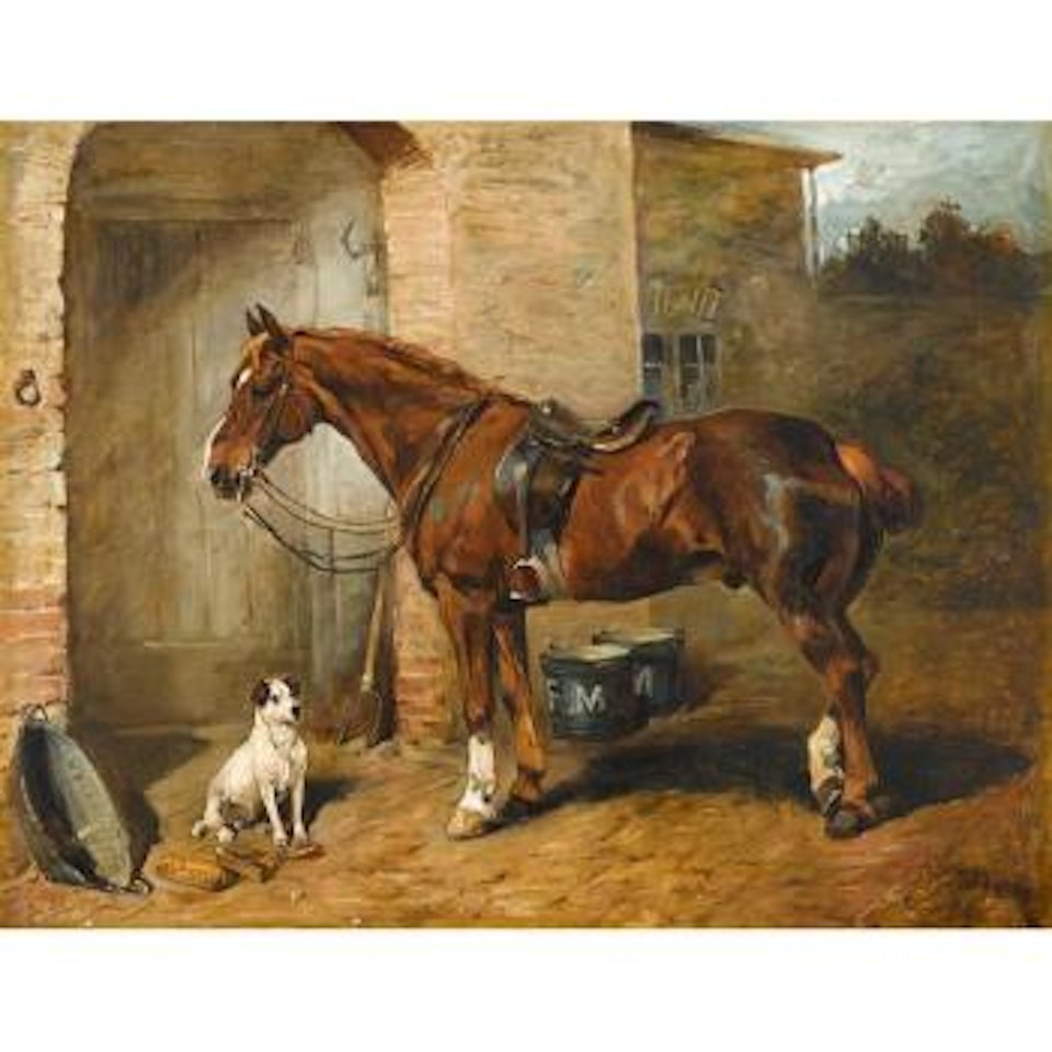 Hunter In Stable Yard With Terrier by John Emms