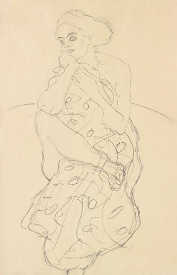 Sitzender Halbakt Von Vorne, Den Kopf Nach Links Gewendet (Seated Semi-nude Seen Head-on With Her Head Turned To The Left) by Gustav Klimt
