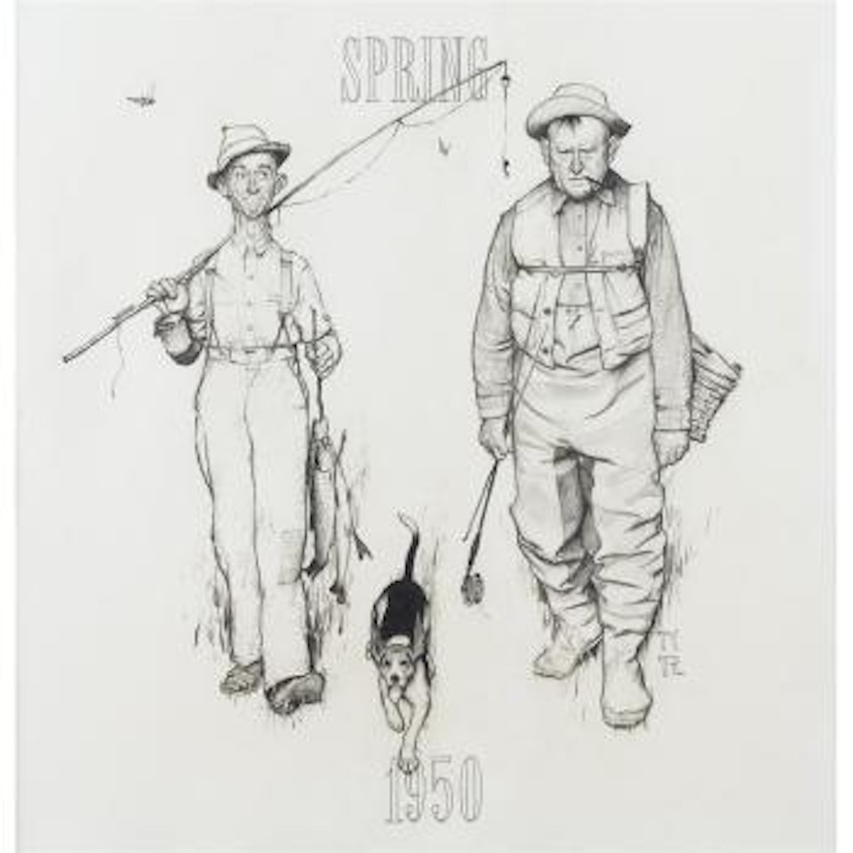 Two old men and dog: The catch by Norman Rockwell