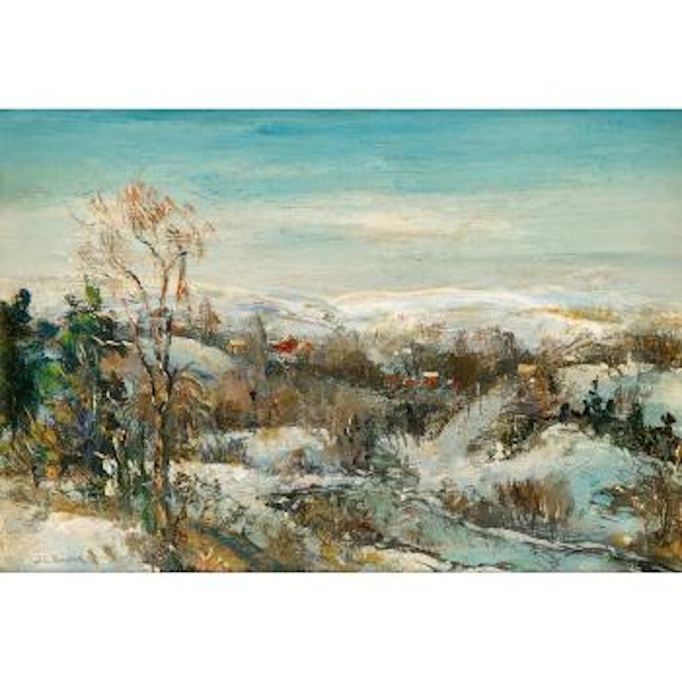 Hilly winter landscape with river by Walter Emerson Baum
