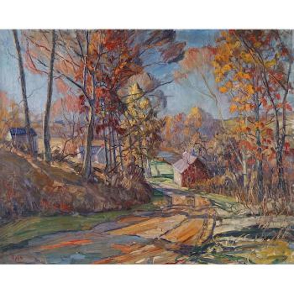 Autumn landscape with farmhouse and red barn by Walter Emerson Baum