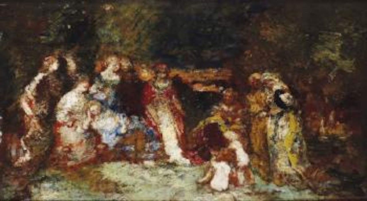 Assemblée dans un parc : neuf jeunes femmes sous les arbres observent deux amours by Adolphe Monticelli