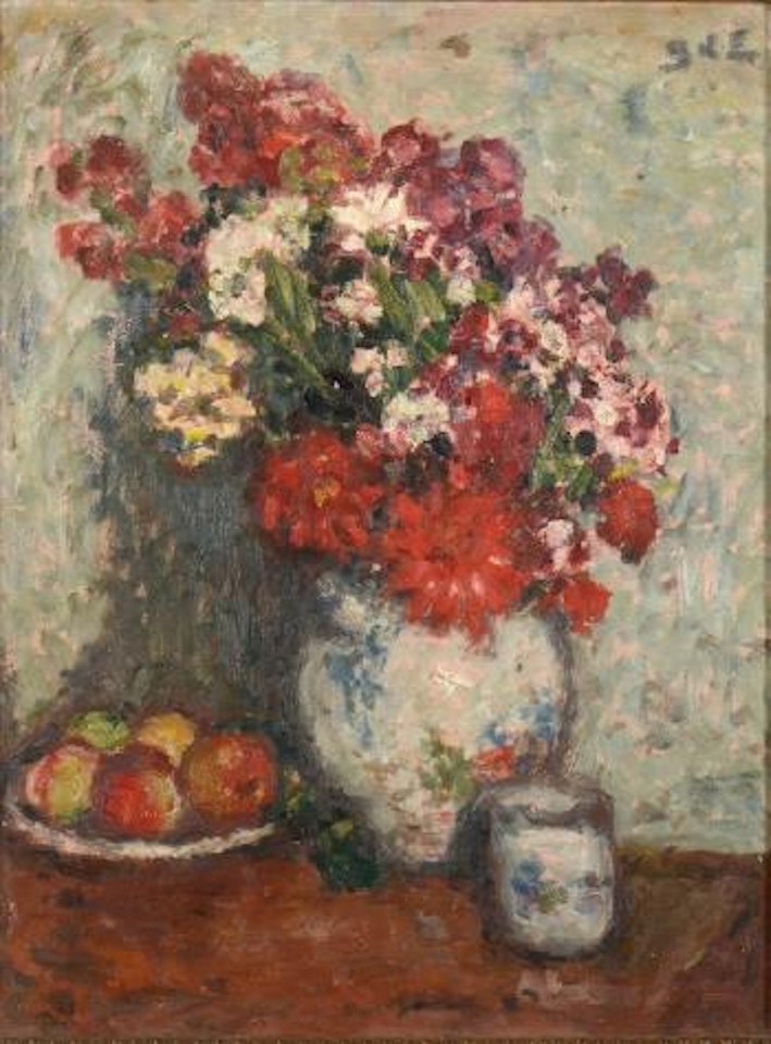 Bouquet de fleurs sur une table rouge by Georges d’Espagnat