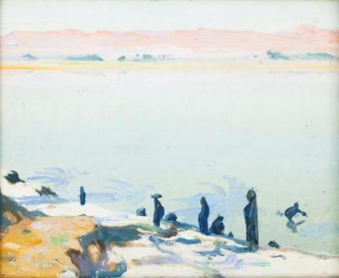 Porteuse d'eau au bord du Nil, Kouss. Pyramide de Gizeh. Femmes égyptiennes à Macada. Bord du Nil. Pyramide de Kéops by Jacques Majorelle