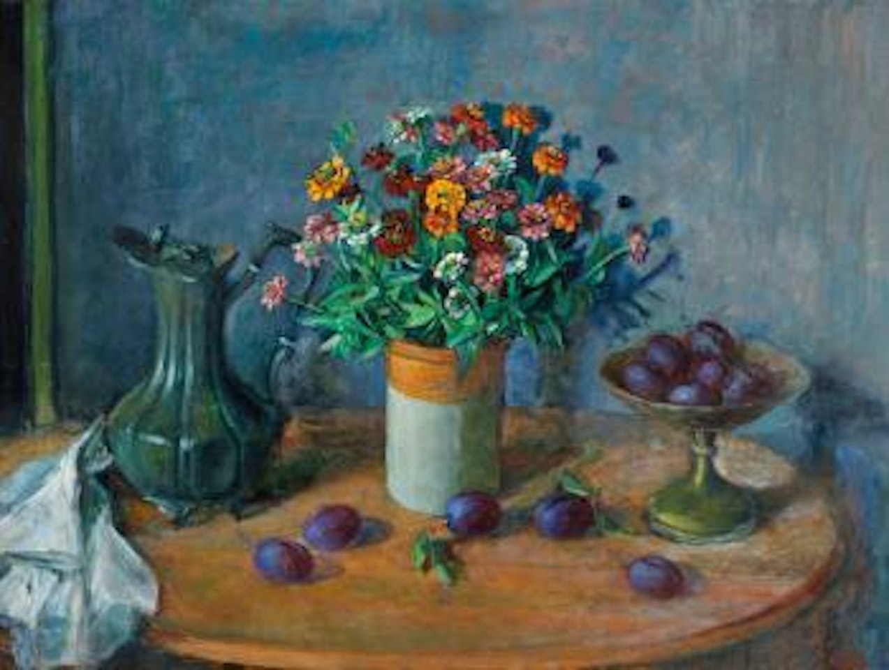 Still life of blossoms, plums and pewter jug by Margaret Hannah Olley