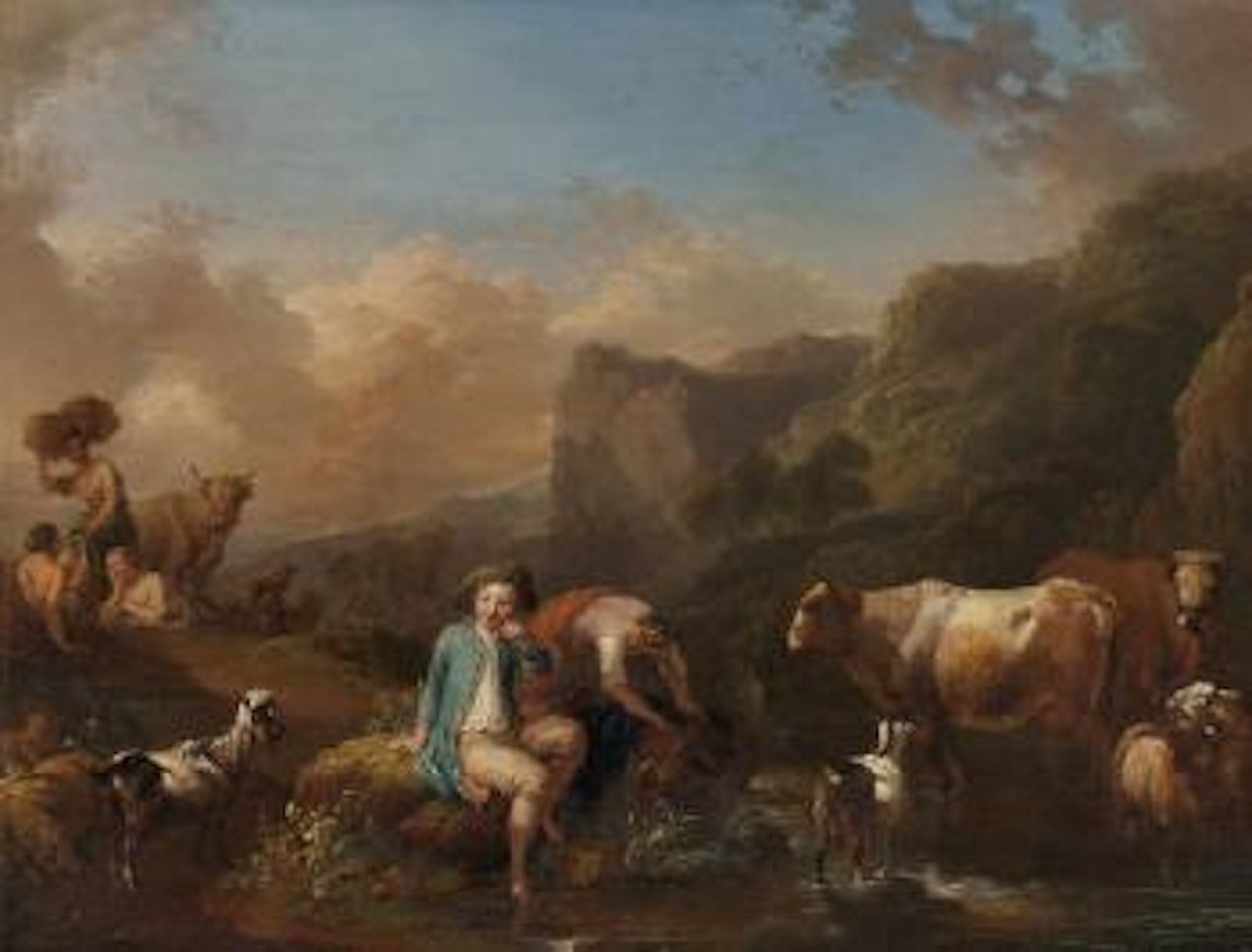 An Italianate Landscape with Figures Resting by a River with Cattle and Goats Watering; An Italianate Landscape with Figures before a Ruin (a pair) by Christian Wilhelm Ernst Dietrich