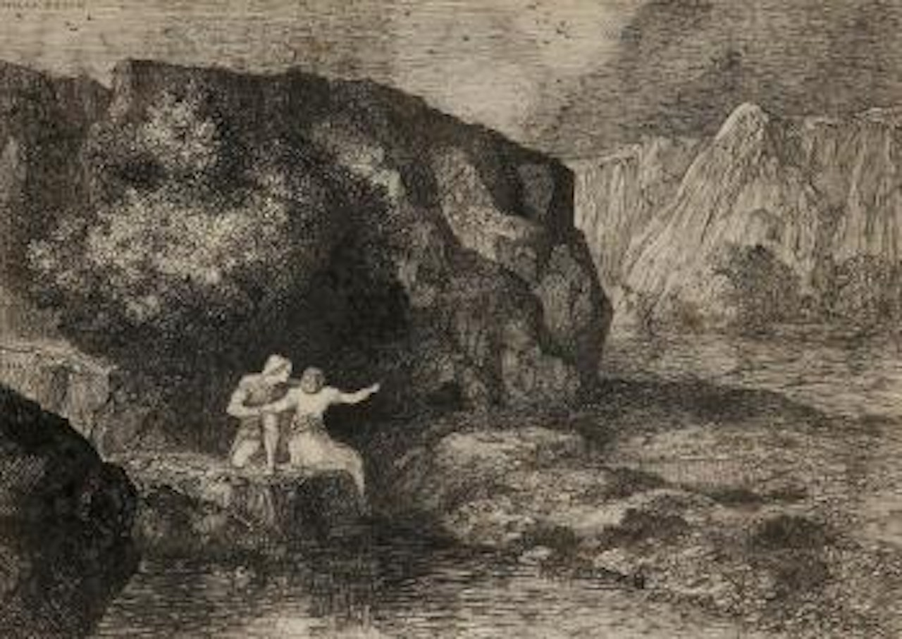 Deux personnages dans un paysage rocheux by Odilon Redon