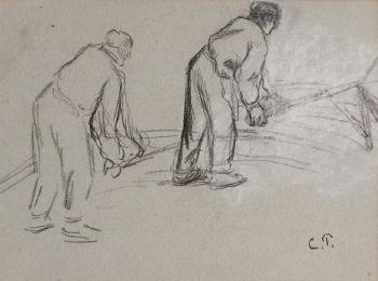 Étude de paysans sur une aire de battage by Camille Pissarro