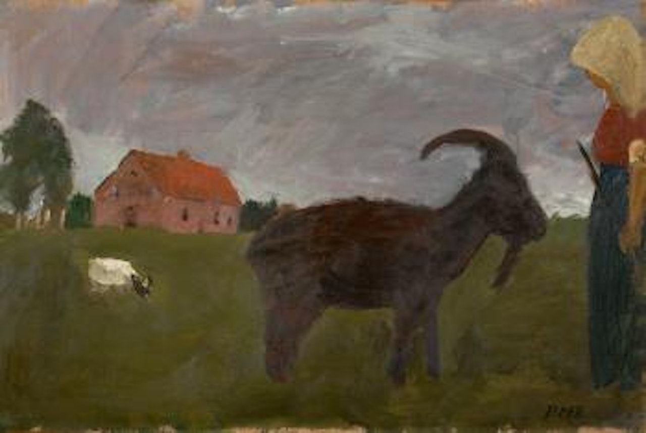 Bäuerin Mit Zwei Ziegen Vor Gehöft by Paula Modersohn-Becker