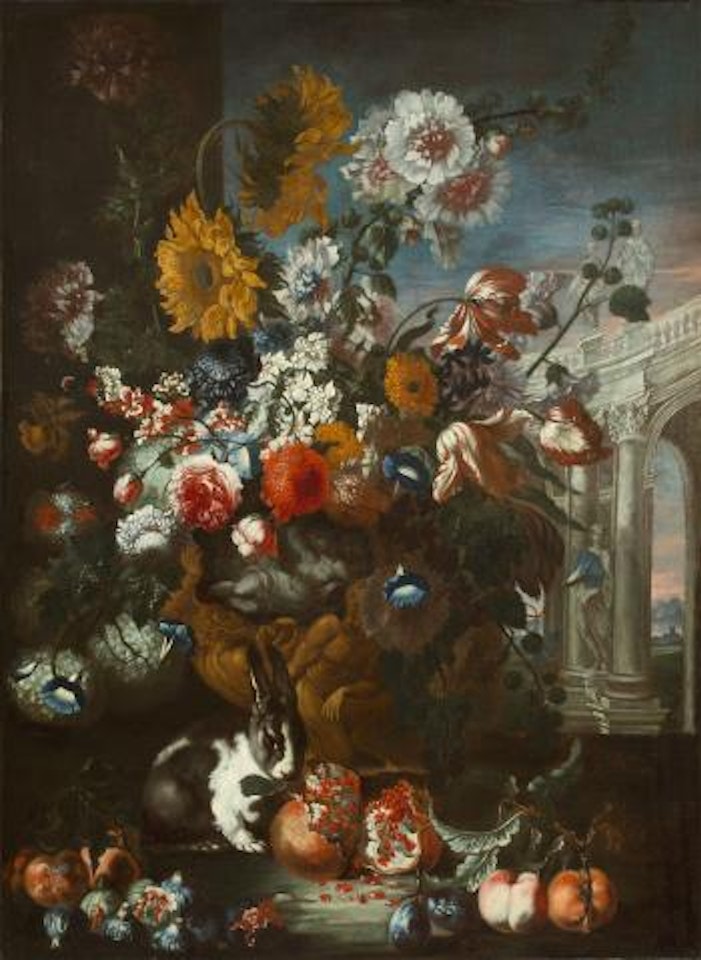 Stilleben Mit Kaninchen, Blumen Und Früchten Vor Arkaden by Franz Werner von Tamm