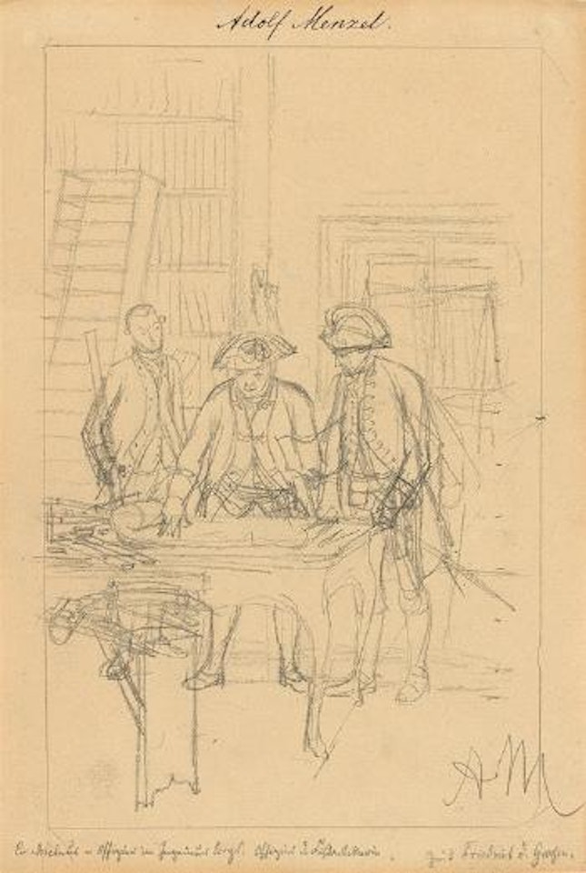 Drei um Einen Tisch Stehende Soldaten, eine Karte Betrachtend by Adolph Menzel