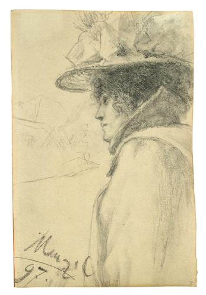 Frau mit Großem Hut, nach links Blickend by Adolph Menzel