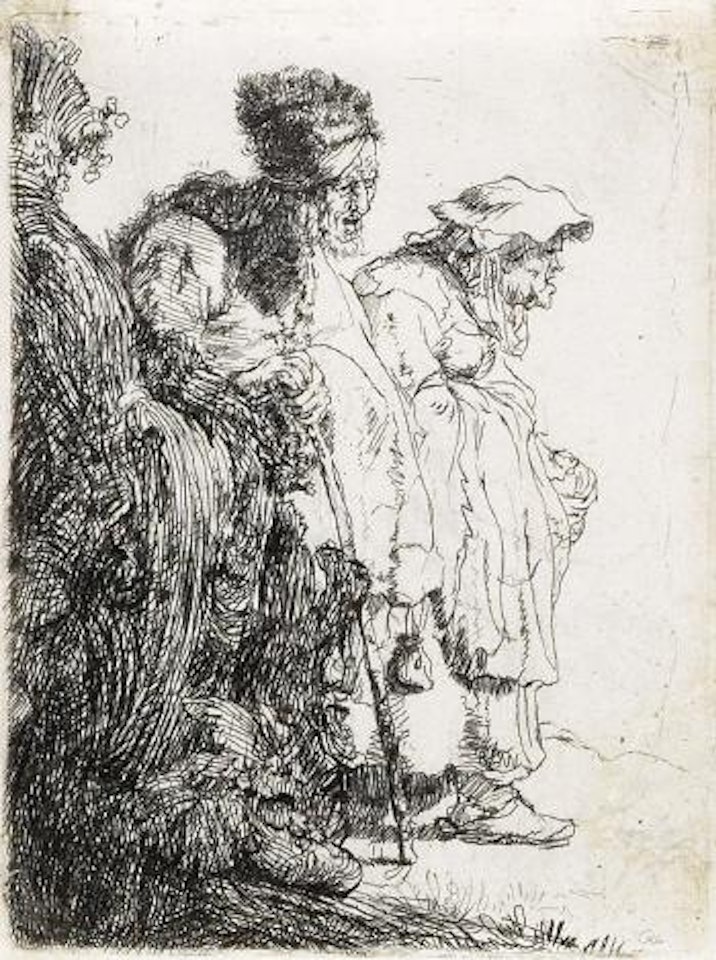 Beggar Man and Woman Behind a Bank by Attributed to Rembrandt Harmensz van Rijn