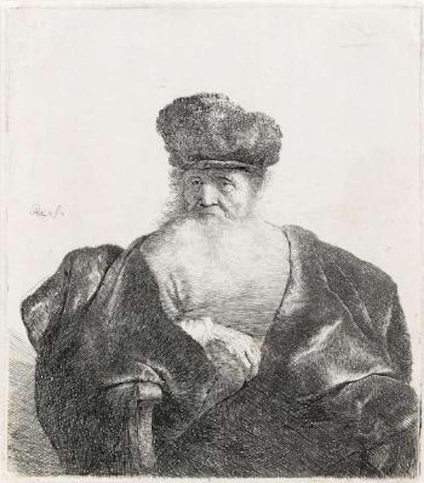 Old man with beard, fur cap and velvet cloak by Attributed to Rembrandt Harmensz van Rijn
