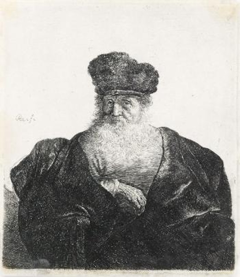 Old man with beard, fur cap and velvet cloak by Attributed to Rembrandt Harmensz van Rijn