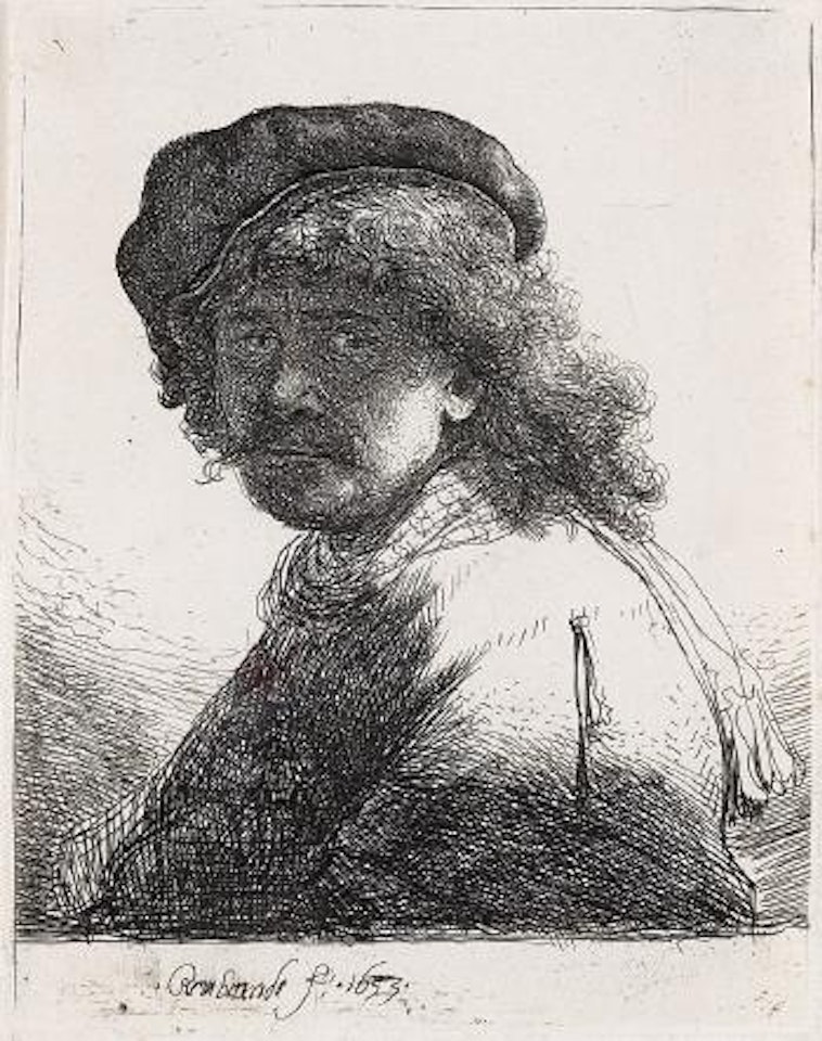Self portrait in a cap and scarf with the face dark: bust by Attributed to Rembrandt Harmensz van Rijn