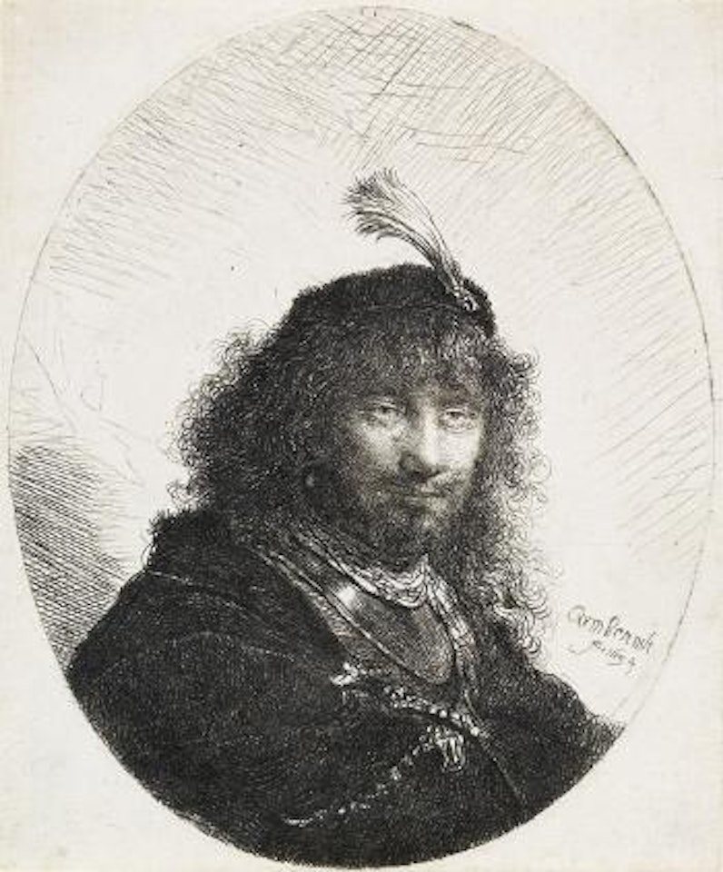Self portrait with plumed cap and lowered sabre by Attributed to Rembrandt Harmensz van Rijn