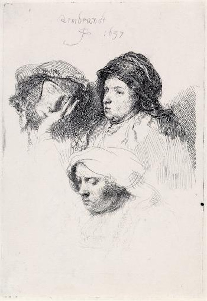 Three Heads of Women, one asleep by Attributed to Rembrandt Harmensz van Rijn