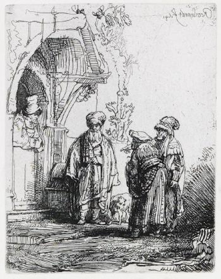 Three oriental figures (Jacob and Laban ?) by Attributed to Rembrandt Harmensz van Rijn