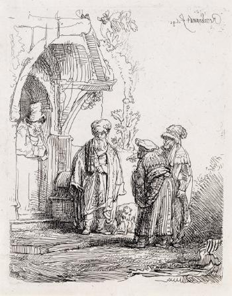 Three oriental figures (Jacob and Laban ?) by Attributed to Rembrandt Harmensz van Rijn