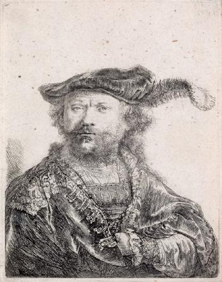 Self portrait in a velvet cap and plume by Attributed to Rembrandt Harmensz van Rijn