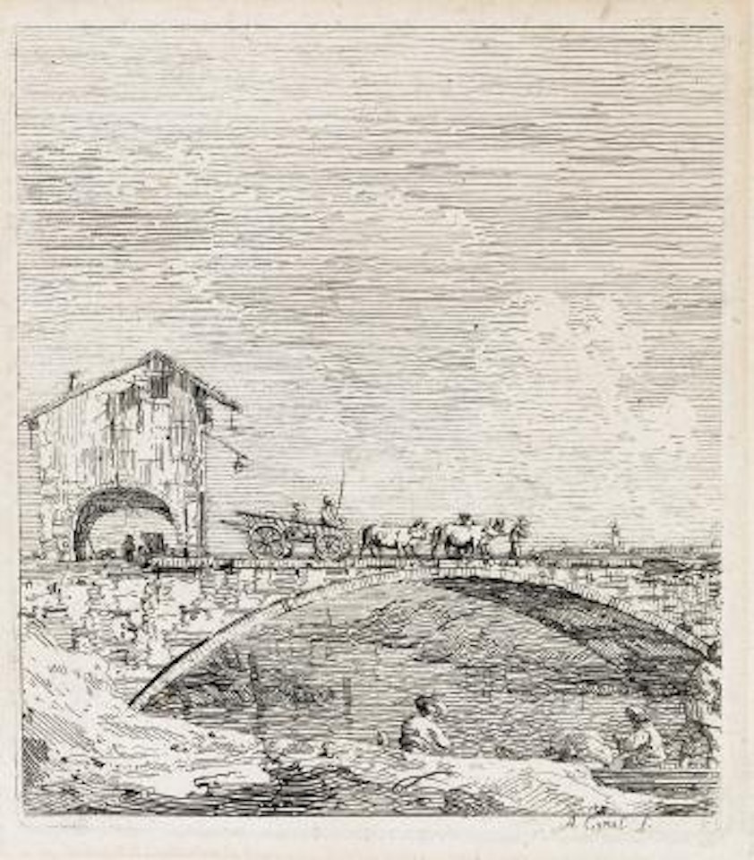 The wagon passing over a bridge by Canaletto
