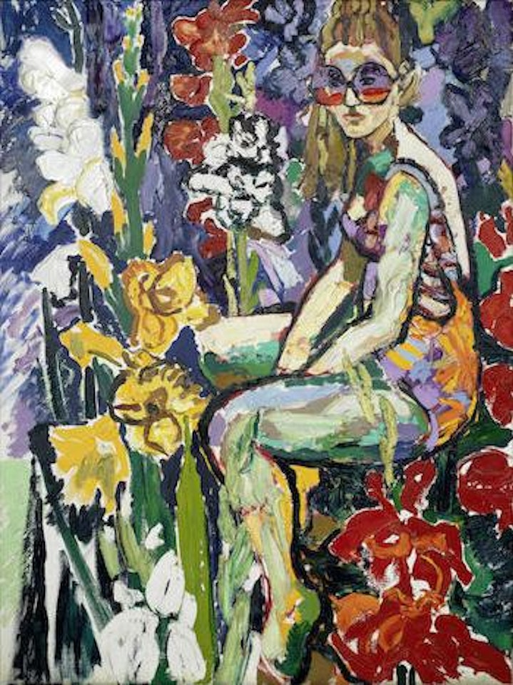 Lady in sunglasses surrounded by flowers by John Bratby