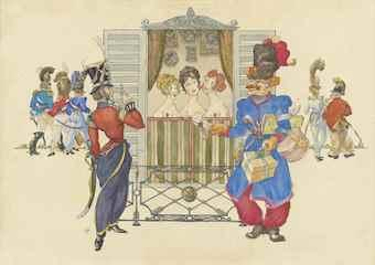 Design for 'Les Cosaques de Platov à Paris': Les trois demoiselles à la vitrine by Mstislav Valerianovich Dobuzhinsky