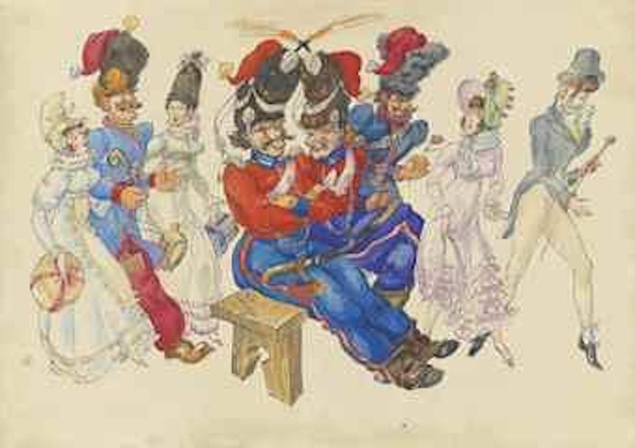 Design for 'Les Cosaques de Platov à Paris': Les cosaques assis by Mstislav Valerianovich Dobuzhinsky