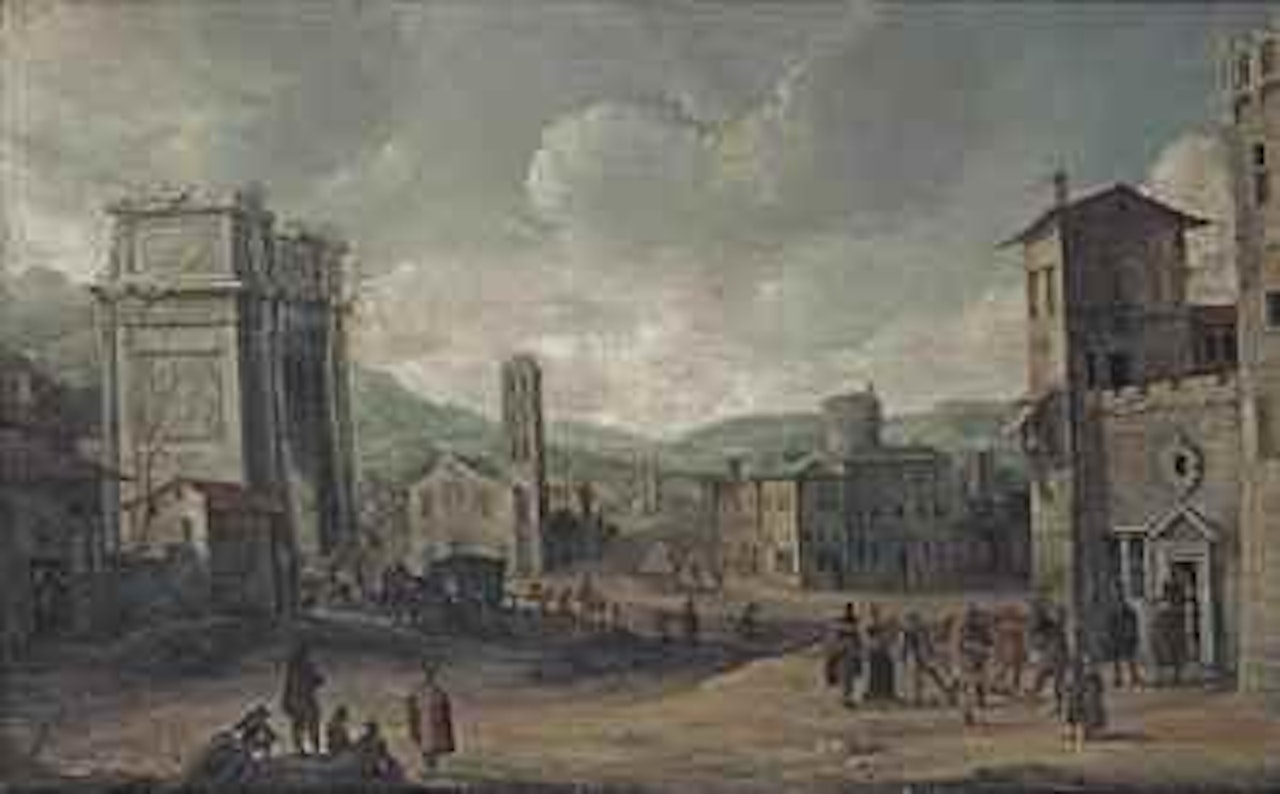 A 'capriccio' view of a town square with figures by the Arch of Constantine, others dancing and making music by Jan Abrahamsz. Beerstraten